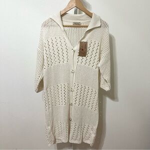 NEW Ashley Taylor Boho Crochet Button Up Dress Cream OS